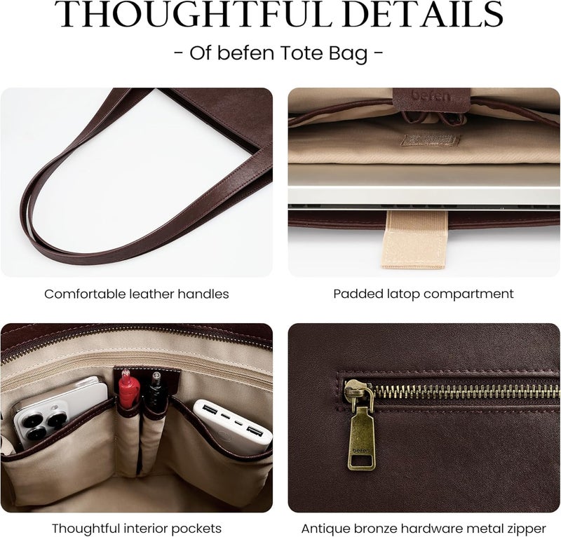 befen Genuine Leather Tote Bag for Women Work, Women's Leather Shoulder Bags Purses Satchel Handbags with Laptop Compartment - Image 5